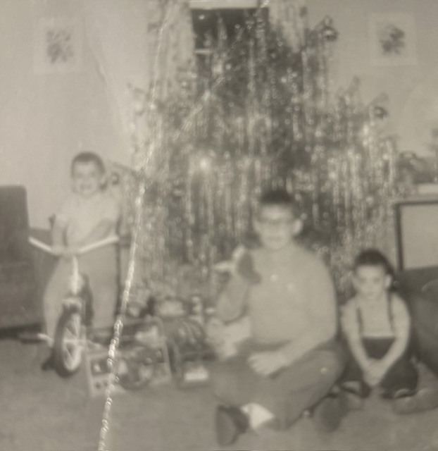 Children beside a Christmas tree in a family living room